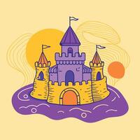 Sandcastle with tall towers and flags, set against a background of abstract sun and wave shapes vector