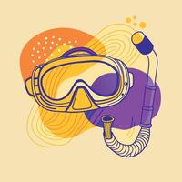 Snorkeling mask and snorkel in vibrant purple and yellow, with abstract sun and water wave shapes vector