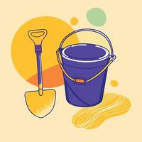 Purple bucket and yellow shovel on a sandy surface, with abstract sun and dot decorations vector