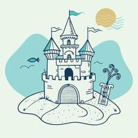 Elegant sketch of a sandcastle with a serene sky and playful birds, capturing a perfect beach day. vector