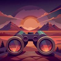 Illustration of binoculars with a scenic sunset backdrop, evoking exploration and discovery. vector