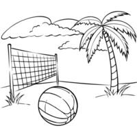 A beach volleyball net set up with a ball, framed by a palm tree and a clear sky. vector