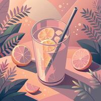 Glass of lemonade with ice and citrus slices, tropical leaves and sunlight vector
