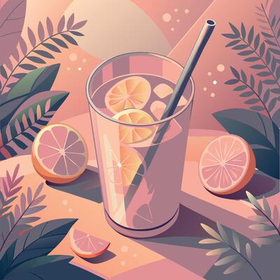 Glass of lemonade with ice and citrus slices, tropical leaves and sunlight