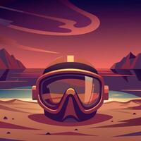 Diving mask on the shore, framed by a stunning sunset and distant mountains. vector