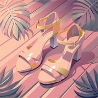 Elegant high-heeled sandals with ankle straps, wooden surface, tropical leaves vector