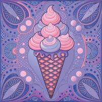 Ornate ice cream cone with swirls, set against an intricate decorative background in pastel colors vector