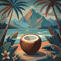A coconut rests on a sandy beach near the ocean, with palm trees, a mountain, tropical flora, and flowers serving as the backdrop. vector