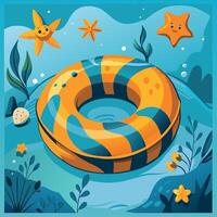 Striped inflatable ring floating in the water, accompanied by smiling starfish vector