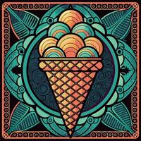 Colorful ice cream cone with multiple scoops, set against an intricate and vibrant background vector