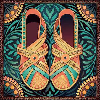 Colorful boho sandals with intricate patterns, set against a detailed and vibrant background vector