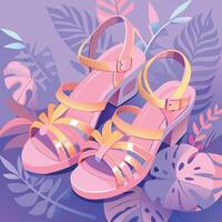 Stylish pink and yellow high-heeled sandals, set against a vibrant background of tropical leaves vector