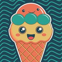 Cute ice cream cone with a smiling face, colorful scoops, wavy teal background vector