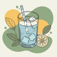 Handdrawn lemonade glass with ice cubes, lemon slices and leaves, making a refreshing and colorful image vector