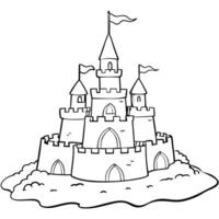 Elegant sketch of a sandcastle with a serene sky and playful birds, capturing a perfect beach day. vector