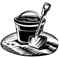 Detailed black and white illustration of a bucket and shovel set on a textured sandy beach. vector