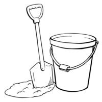 Sketch of a classic beach bucket and shovel, surrounded by soft sand and the promise of fun. vector
