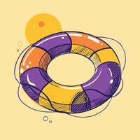 Vibrant lifebuoy in purple and yellow, floating on an abstract water surface, circular patterns vector
