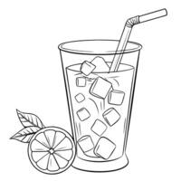 Linear summer pencil illustration of a cocktail with a straw and ice in a tall glass, decorated with a slice of citrus vector