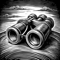 Detailed binoculars resting on a surface, with a textured sky and distant clouds. vector