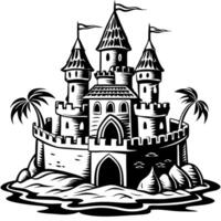 Intricate black and white sketch of a sandcastle surrounded by palm trees and gentle waves. vector