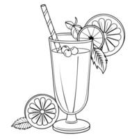 Draw a summertime cocktail in pencil that features a straw in a tall glass, an urkashen glass with lemon and orange, and fruits all around. The image is black and white. vector