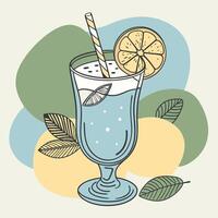 Illustration in boho style of a refreshing lemon beverage in a glass with leaves and a colorful abstract background. vector