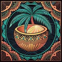Decorative coconut with a palm tree, set against an ornate and vibrant background vector