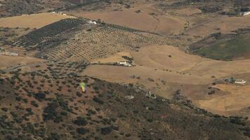 Paraglider flying with mediterranean fields at background video