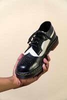 A man's hand holds a black and white brogue wingtip shoe with a rubber outsole made from genuine cowhide. Men's hands holding elegant and shiny two tone shoes on a cream background photo