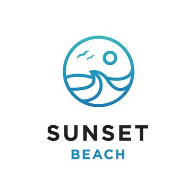 Landscape Panorama View Wave With Sun And Bird For Beach Ocean Logo Design