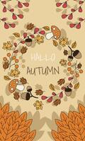 hello autumn poster text, leaves fall outline illustration, round autumn frame vector