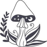 Celestial Magic Mushroom in Minimalist Doodle Style. Mystical Bohemian Mushroom. vector