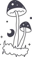 Celestial Magic Mushroom in Minimalist Doodle Style. Mystical Bohemian Mushroom. vector