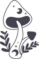 Celestial Magic Mushroom in Minimalist Doodle Style. Mystical Bohemian Mushroom. vector