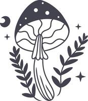 Celestial Magic Mushroom in Minimalist Doodle Style. Mystical Bohemian Mushroom. vector