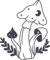Celestial Magic Mushroom in Minimalist Doodle Style. Mystical Bohemian Mushroom. vector