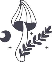 Celestial Magic Mushroom in Minimalist Doodle Style. Mystical Bohemian Mushroom. vector
