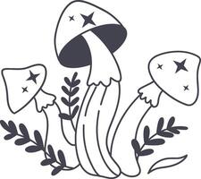 Celestial Magic Mushroom in Minimalist Doodle Style. Mystical Bohemian Mushroom. vector