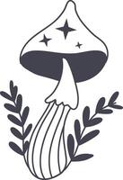 Celestial Magic Mushroom in Minimalist Doodle Style. Mystical Bohemian Mushroom. vector