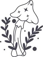 Celestial Magic Mushroom in Minimalist Doodle Style. Mystical Bohemian Mushroom. vector