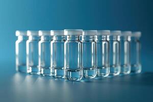 Transparent medical vials on a blue surface for healthcare, medical or scientific investigation photo
