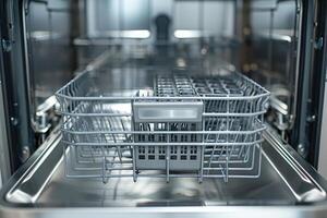 Clean empty stainless-steel dishwasher interior view. photo