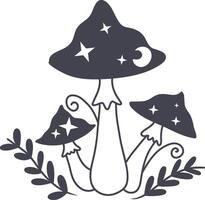 Celestial Magic Mushroom in Minimalist Doodle Style. Mystical Bohemian Mushroom. vector