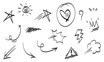 Hand drawn set of doodle emphasis design elements. Crown, arrow, flash, swishes, exclamation, hashtag. used for infographic concept design vector