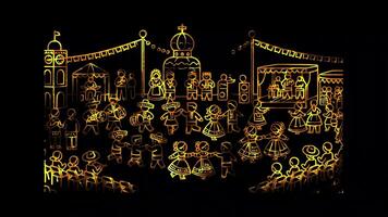 Glowing looping Tanabata day Festivals with traditional dances and performances. neon frame effect, black background. video