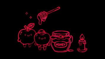 Glowing looping Rosh Hashanah day Symbolic apples and honey, traditional foods of Rosh Hashanah. shapes neon frame effect, black background. video
