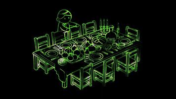 Glowing looping Rosh Hashanah day Table set for a Rosh Hashanah meal with traditional foods a modern cultural tradition. shapes neon frame effect, black background. video