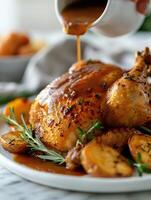 Whole roasted chicken garnished with fresh herbs, sitting on a white ceramic plate, showcasing a delicious and appealing meal ready to be enjoyed. photo