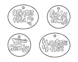 Group of hand drawn outline groovy lettering for vegan or vegetarian healthy eating labels in round and ellipse shape. Outline doodle vegetables isolated on white background. Good for logo or labe vector